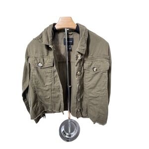 Timing Olive Green Cotton Button Up Utility Jacket Raw Hem WJ509 Womens Small